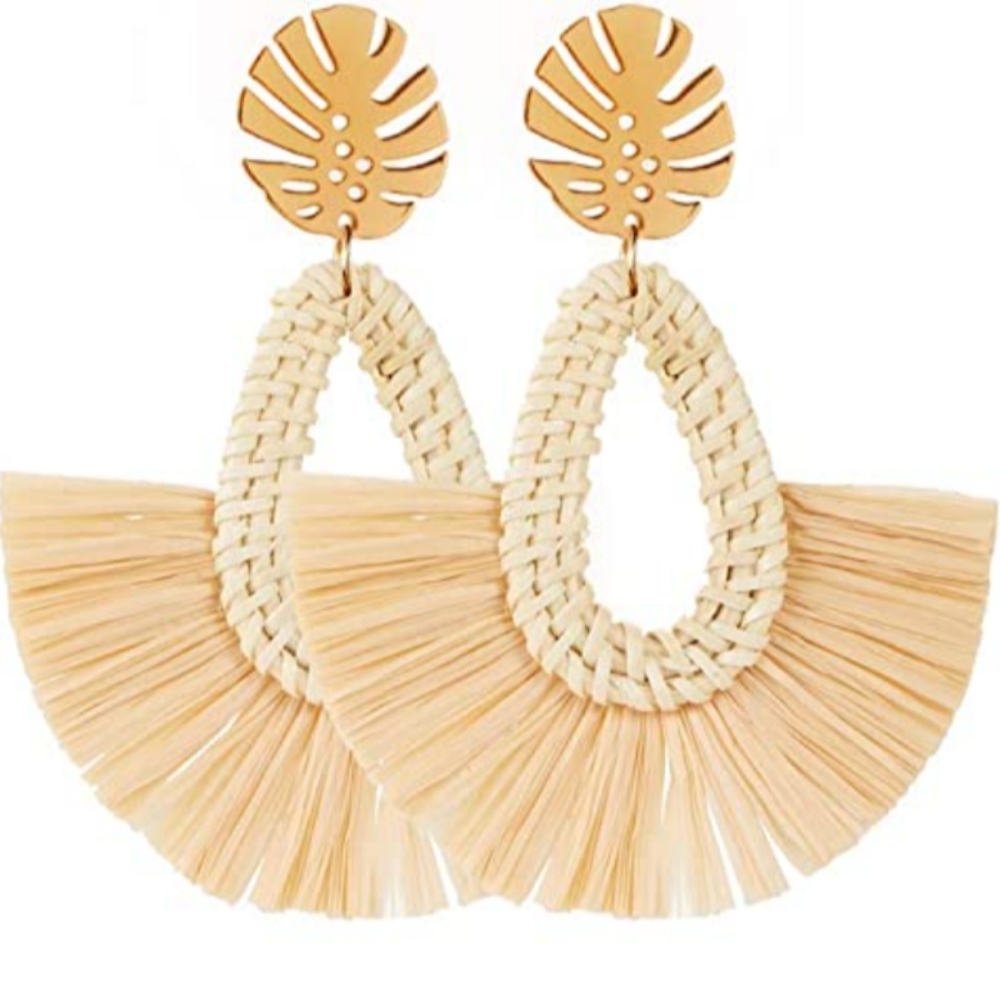 New Rattan Oversized Statement Earrings Botanical Wicker Raffia Fringe